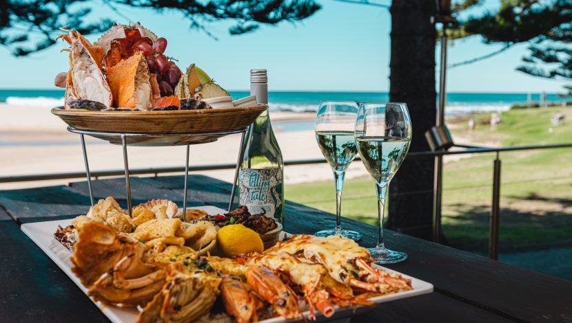 seafood platter and wine